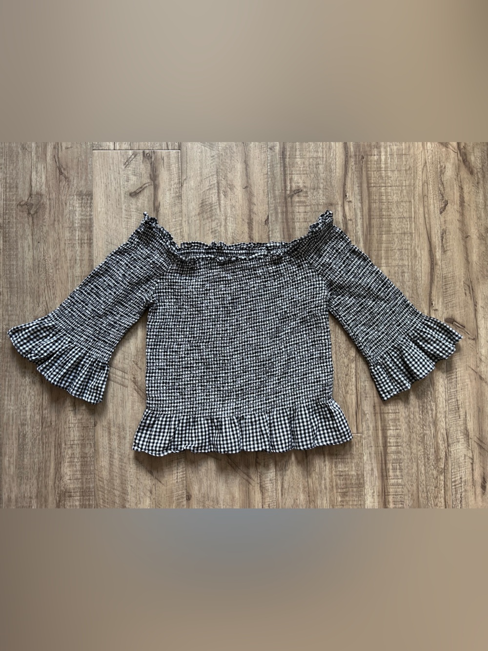 100% cotton Black & White Gingham Smocked Peplum Top summer off the shoulder - Picture 2 of 9